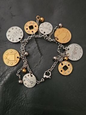 D&G Two-Tone Coin Charm Bracelet in Gold and Silver Crystal Stud 1995